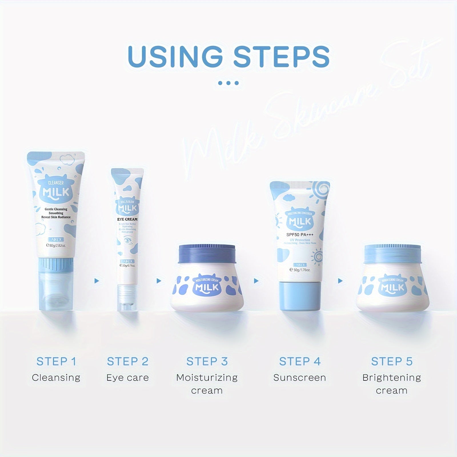 LAIKOU 5 dona Sut bilan to'ldirilgan Terini parvarish qilish to'plami tozalovchi, ko'z kremi va barcha teri turlari uchun yuz kremidan iborat. Namlantiruvchi va yog'ni nazorat qilish formulasi bilan ajralib turadi.