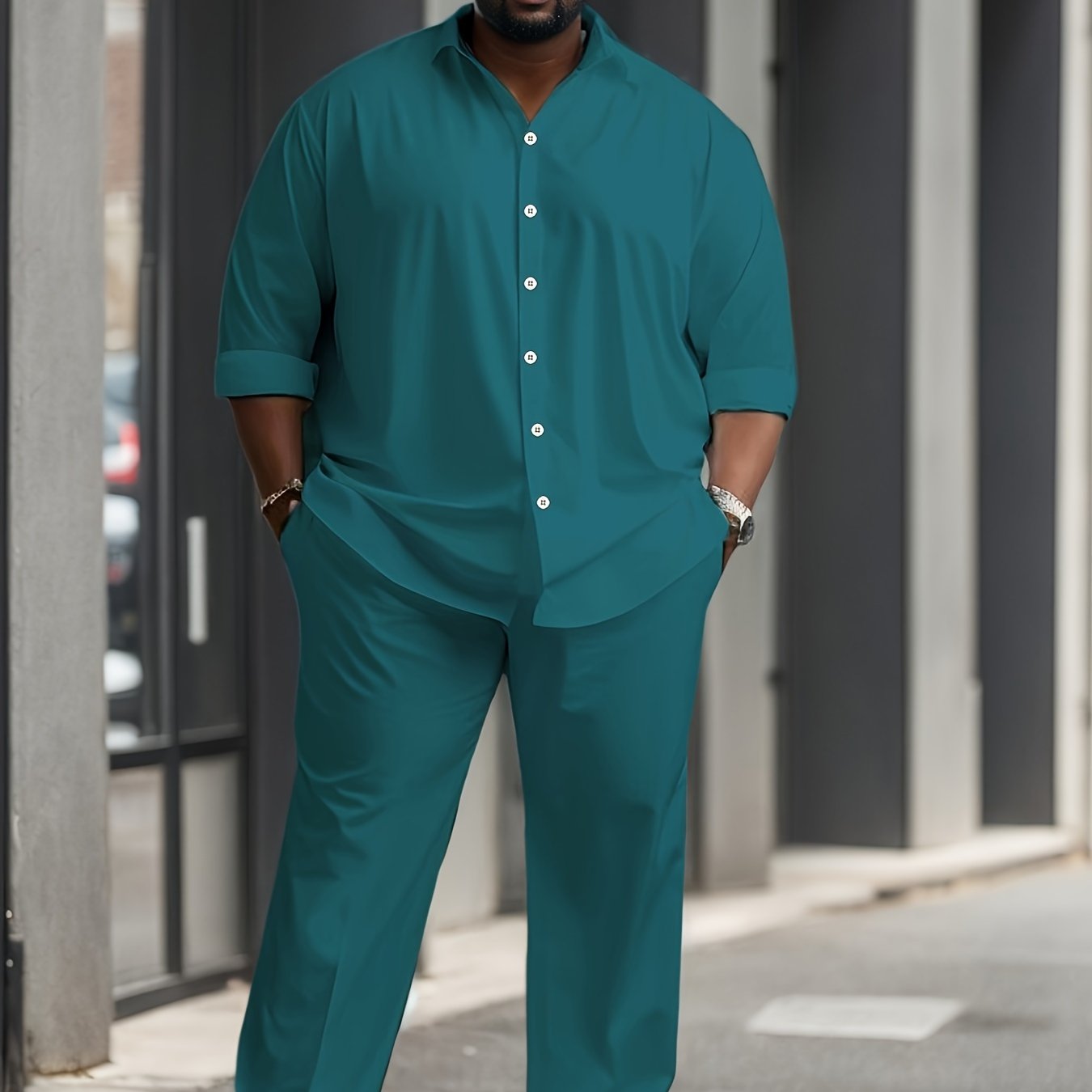 Men's Plus Size Casual Outfit Set Long Sleeve Button-Up Shirt and Pants with Pockets
