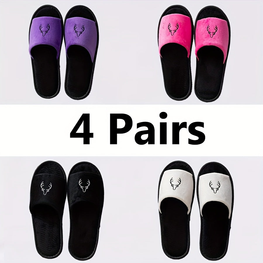 Women's Black Flannel Open-Toe Slippers for Hotel Travel and Home