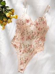 Women's Mesh Teddy Lingerie with Butterfly Embroidery and Bodysuit Design