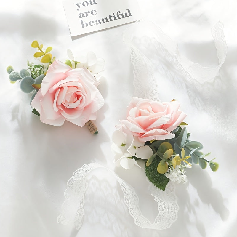 Set of 2 Bohemian Rose Flower Corsages and Wristlets for Weddings