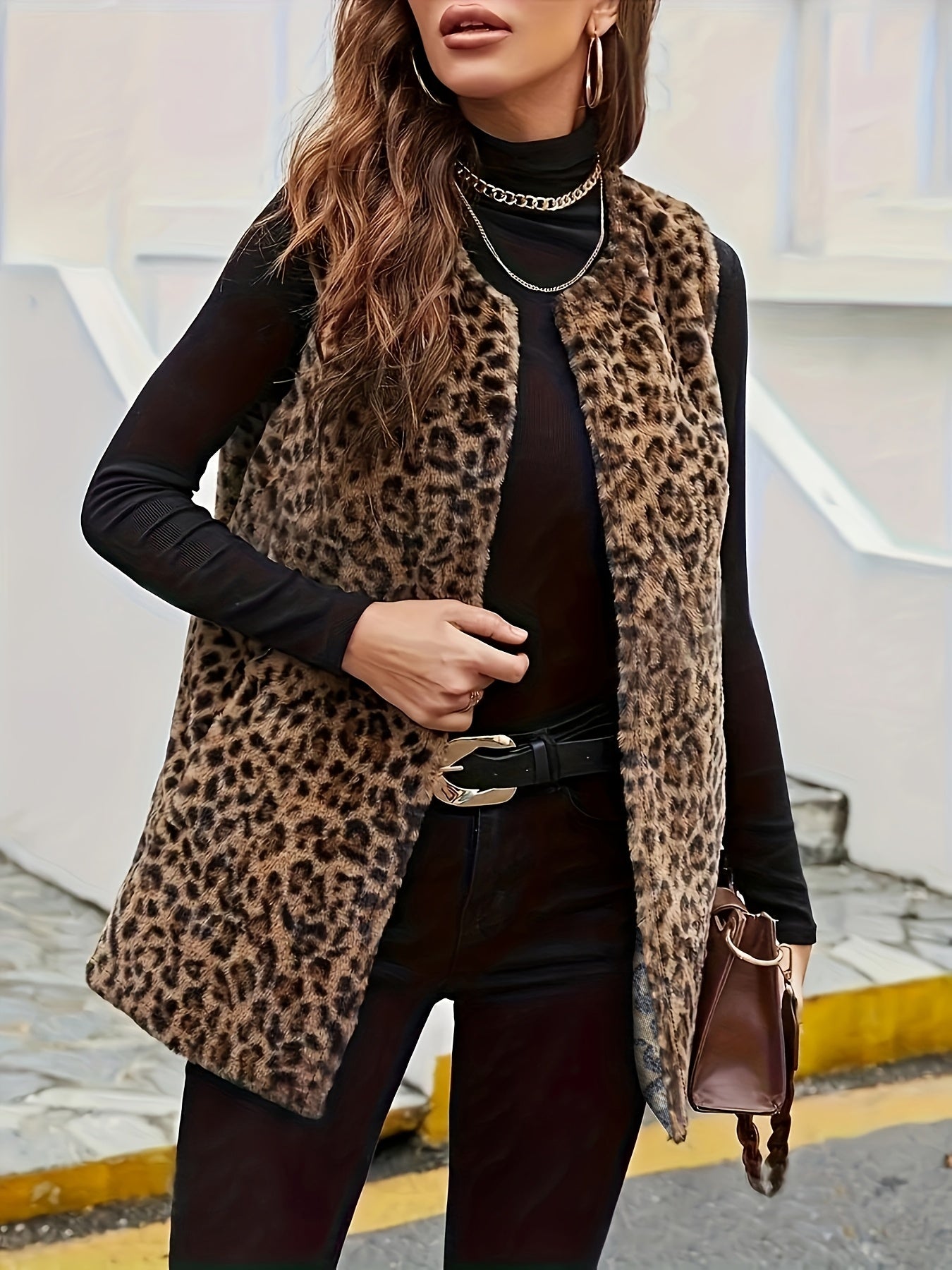 Жилет из миди-ткани с леопардовым принтом из полиэстера для женщин, размер Large