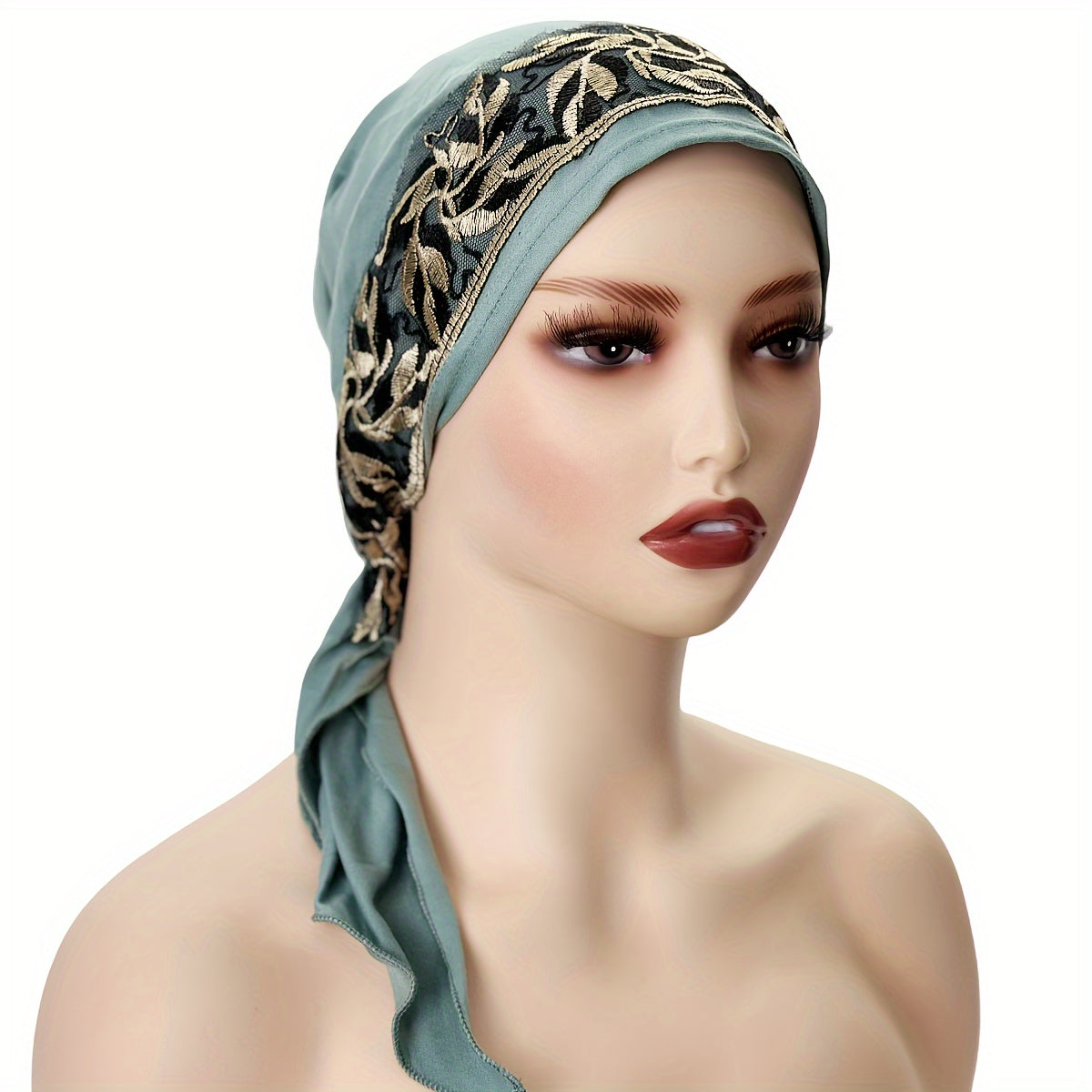 Black Elastic Chemo Hat with Embroidered Turban Design and Tails
