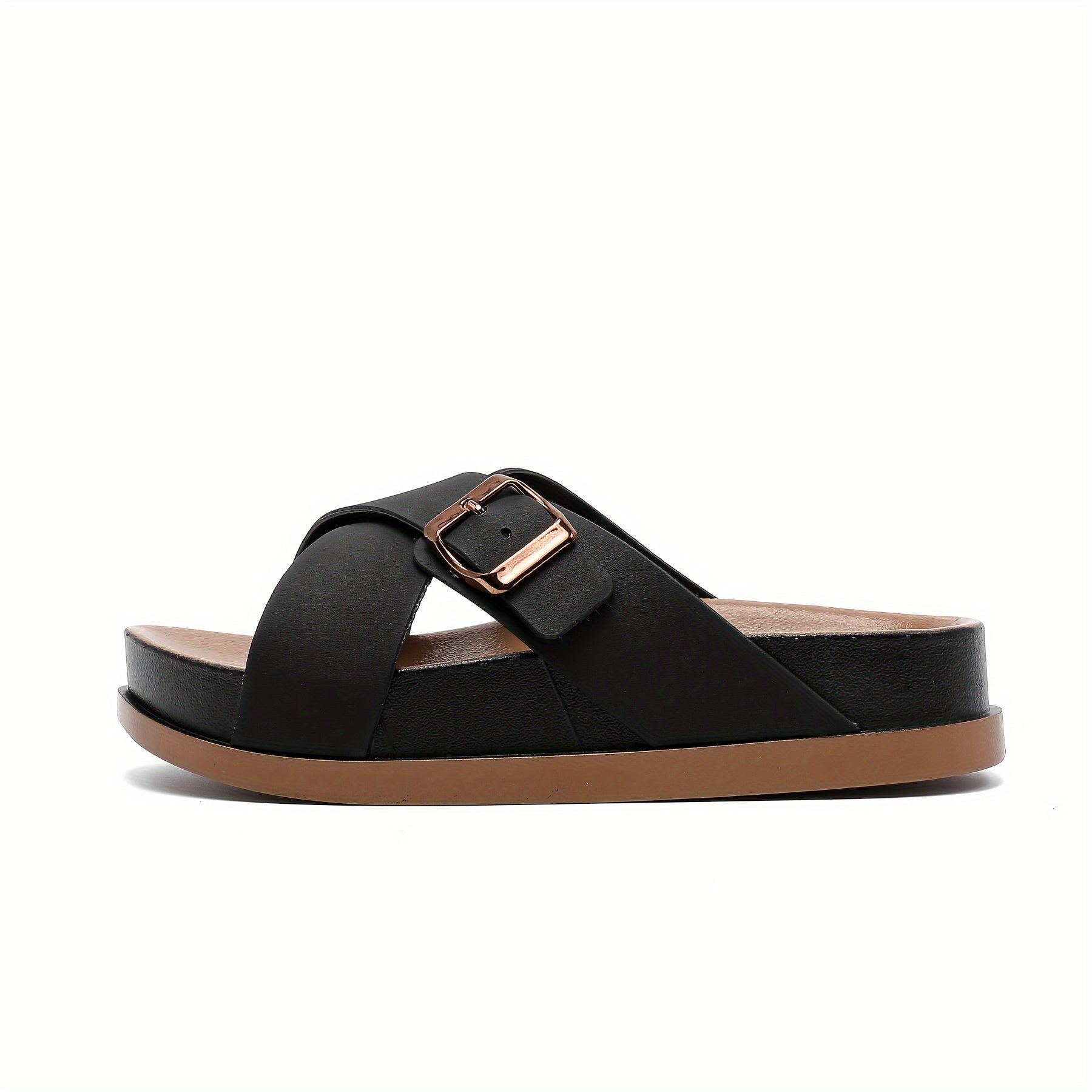 Women's Casual Slide Sandals Mid-Heel Cross Strap Open Toe Brown Black
