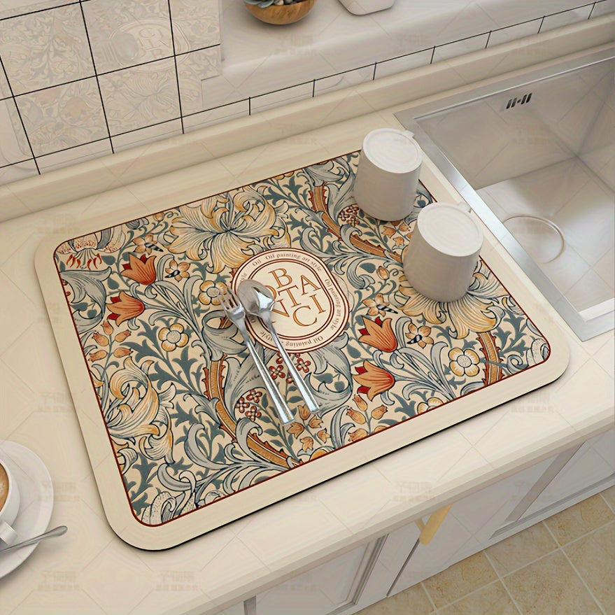 Floral Pattern Coffee Machine Mat Multi-Functional Dish Drying Pad Non-Slip Soft Kitchen Bathroom