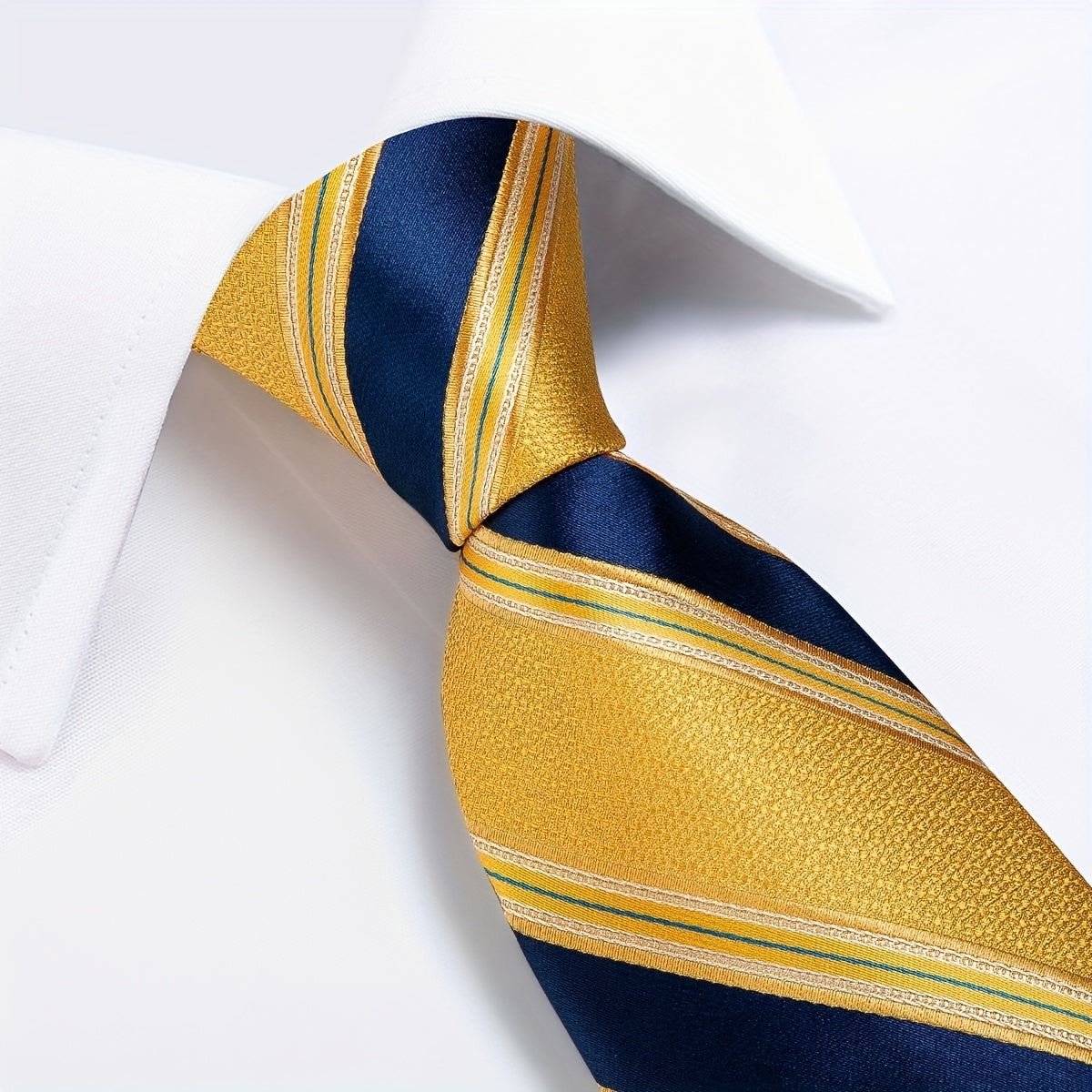 Men's Blue and Yellow Striped Tie Set with Cufflinks and Handkerchief for Business and Gift