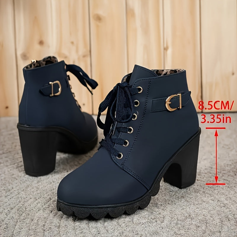 Women's Leather High Heel Ankle Boots with Side Zipper and Buckle