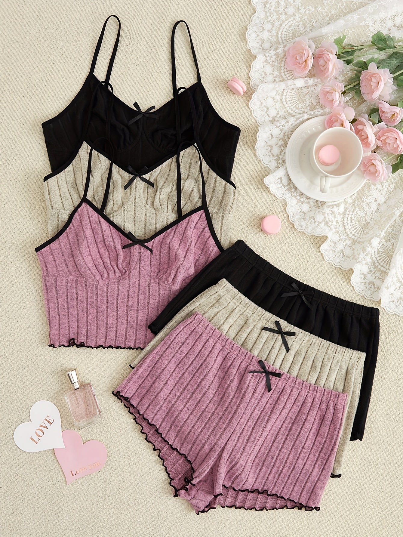 Women's 3-Piece Sleepwear Set Pajamas Shorts Tank Top Solid Color Polyester Elastane