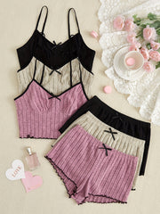 Women's 3-Piece Sleepwear Set Pajamas Shorts Tank Top Solid Color Polyester Elastane