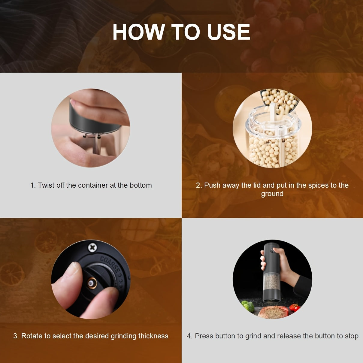 Batareya bilan ishlaydigan ziravorlarni maydalash uchun maydalagich, sozlanadigan qattiqlik, shaffof konteyner, bitta bosish bilan maydalash