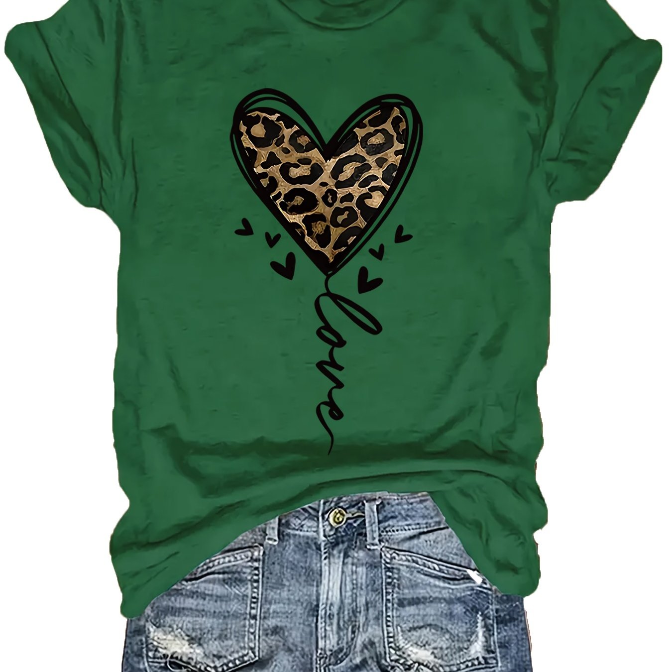 Plus Size Leopard Heart Print T-Shirt Casual Short Sleeve Top for Women