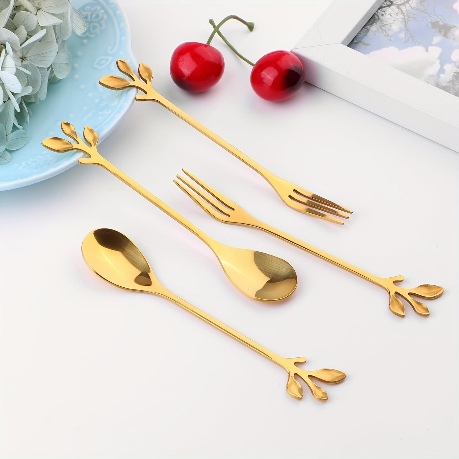 Golden Stainless Steel Spoon Set with Leaf Accents Dishwasher Safe for Stirring Fruit and Appetizers