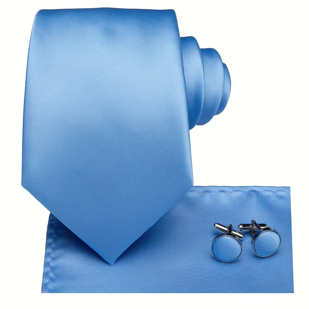 Men's Jacquard Woven Solid Necktie Set with Hanky and Cufflinks for Weddings and Business