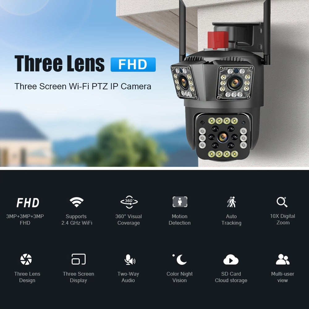 1 шт. Wi-Fi уличная камера безопасности, FHD 3MP+3MP+3MP, 10-кратный зум, поворотный наклон 355°, цветная ночная съемка, ИИ обнаружение движения, двусторонний аудио, настенное крепление, европейская стандартная вилка, без батареи