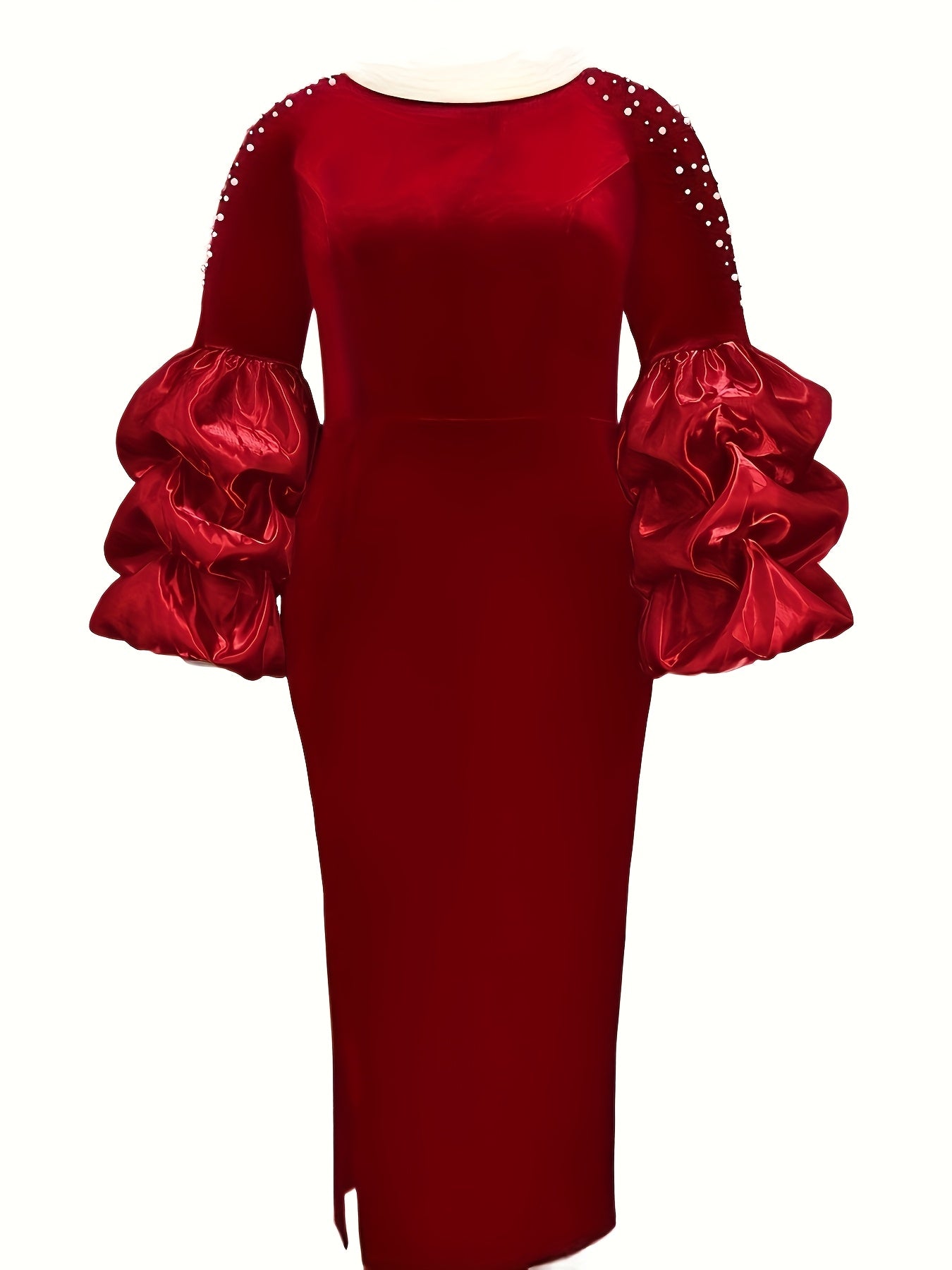 Plus-Size Women's Beaded Party Dress Lantern Sleeves High Slit Polyester-Spandex