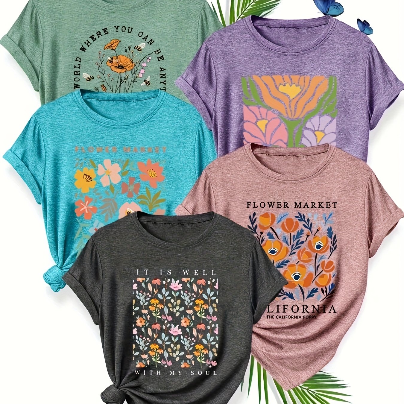 Women’s Cotton Casual T-Shirts, Floral & Butterfly Prints, Short Sleeve, Pack of 5