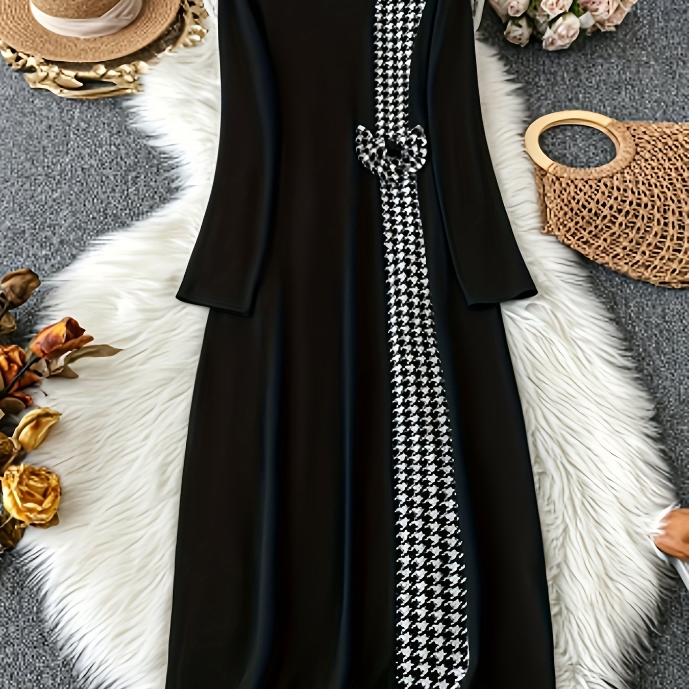 Women's Houndstooth Long Dress Black Red Asymmetrical Hem Round Neck Polyester Blend Spring Summer