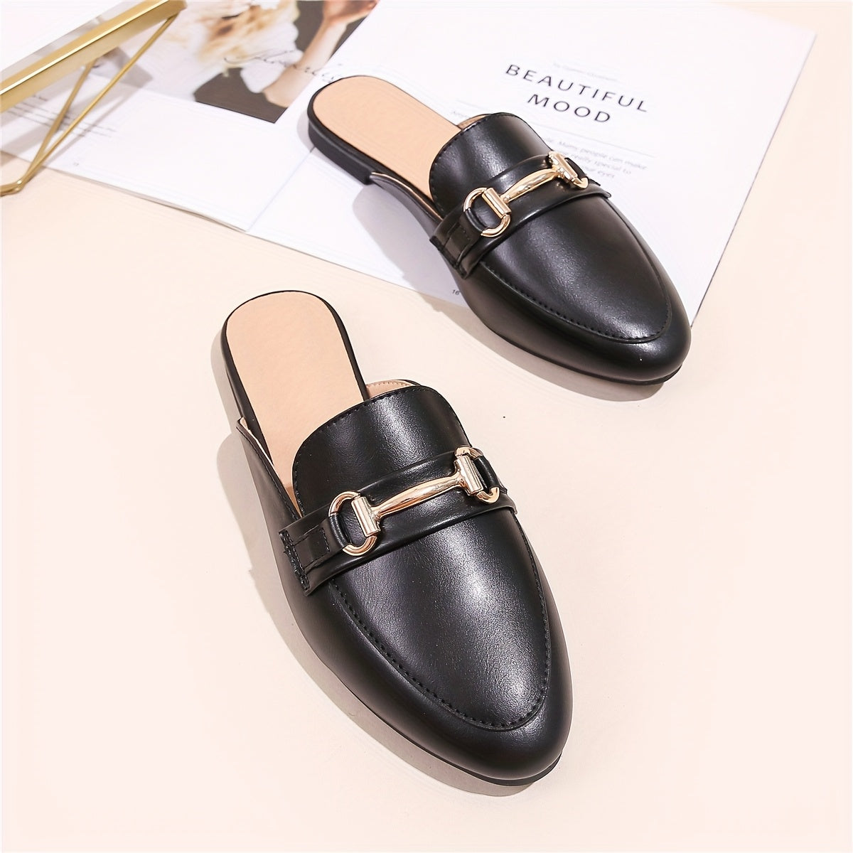 Women's Faux Leather Loafers with Metallic Accents Black Casual Flats