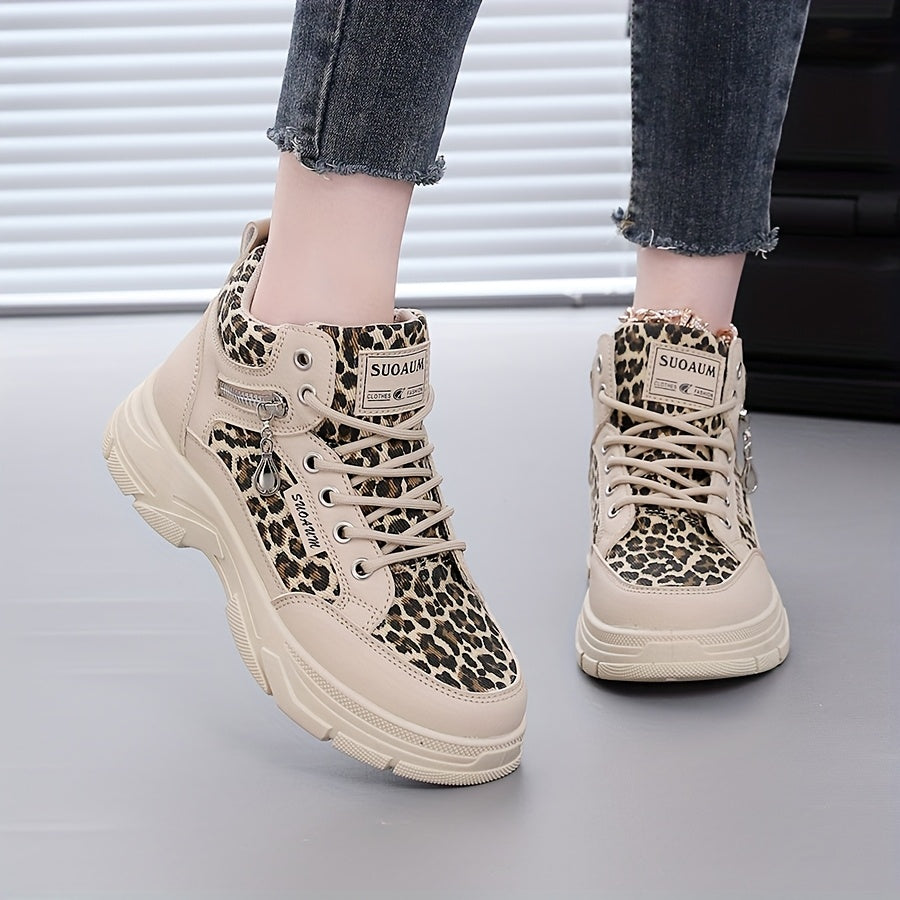 Women’s Leopard Blue White High-Top Sneakers with Thick Sole