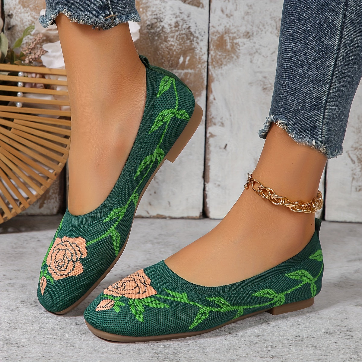 Zapatos planos para mujer con patrón floral, punta cuadrada, para todas las estaciones, casual
