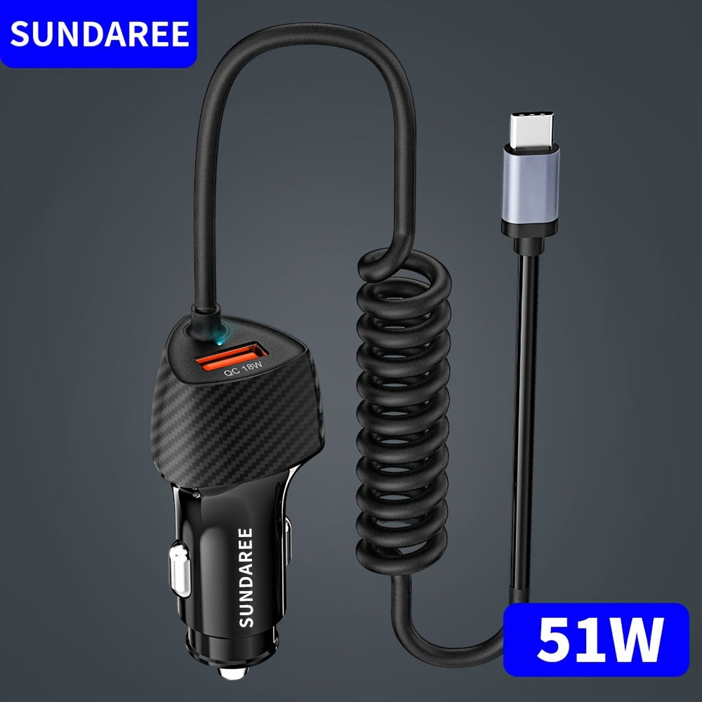 USB C Car Charger 51W Fast Charging PD QC3.0 with Coiled Cable for Android Devices