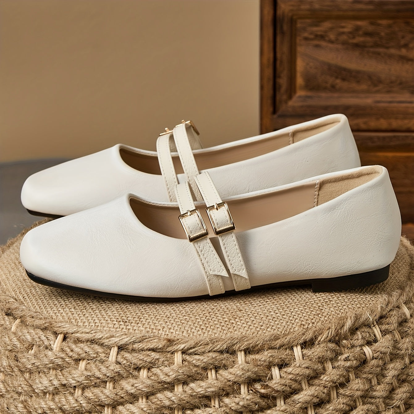 Women's White Slip-On Square Toe Flats with Metallic Buckle