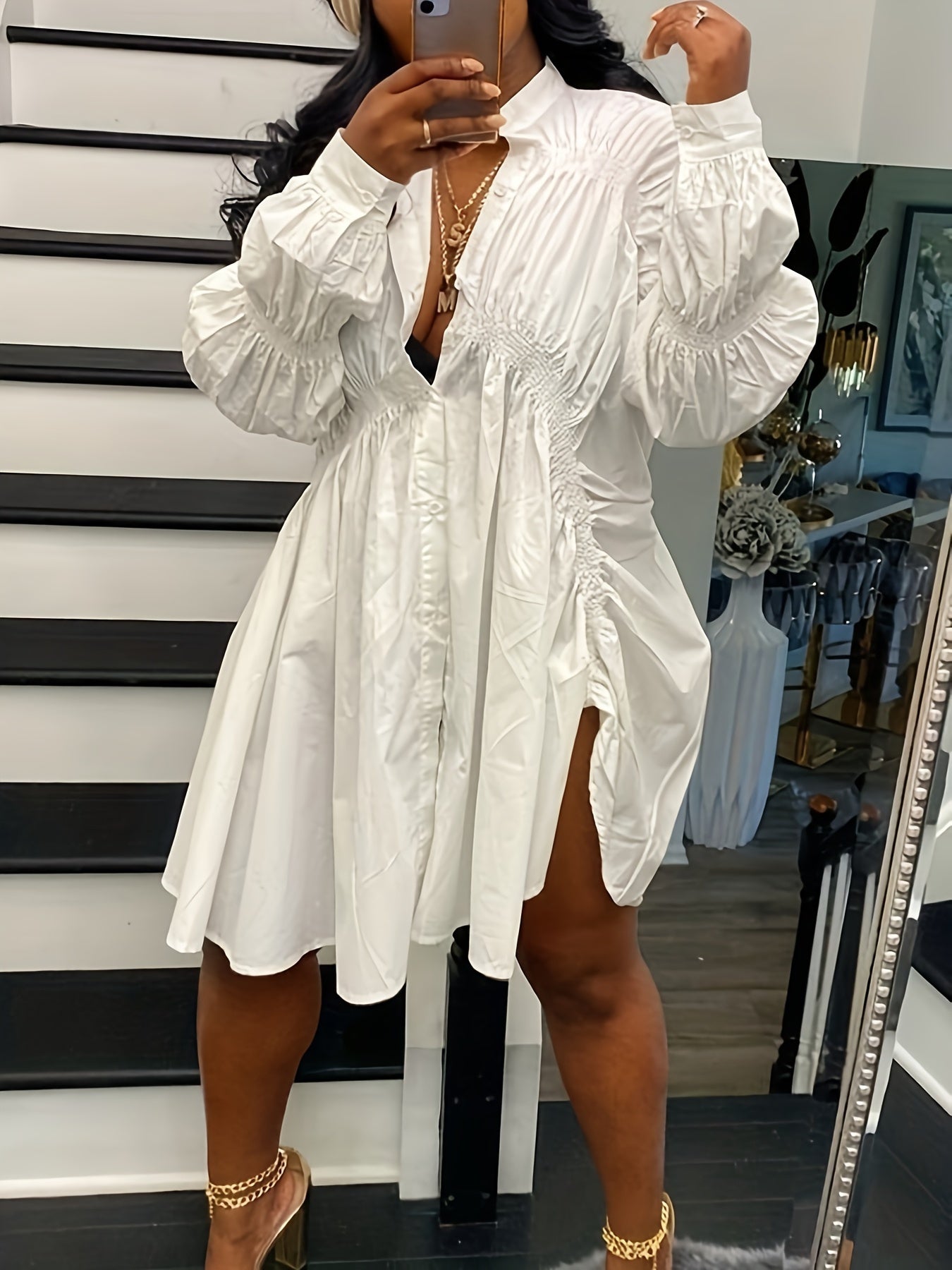 Plus Size Women's Casual Semi-Sheer Shirt Dress with Ruffled Sleeves