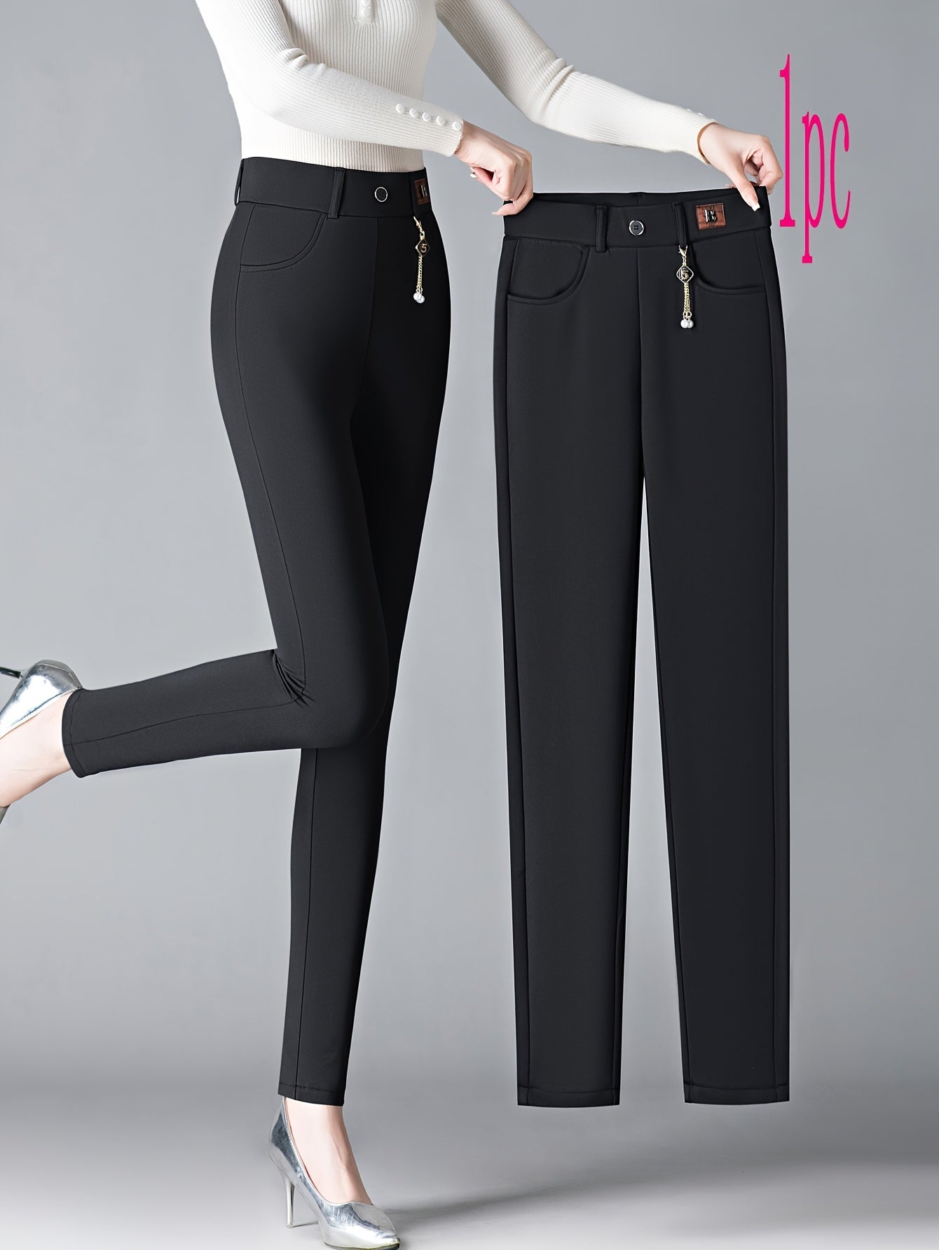 Women's Slim Fit High Waist Pants Polyester Solid Color Skinny Trousers