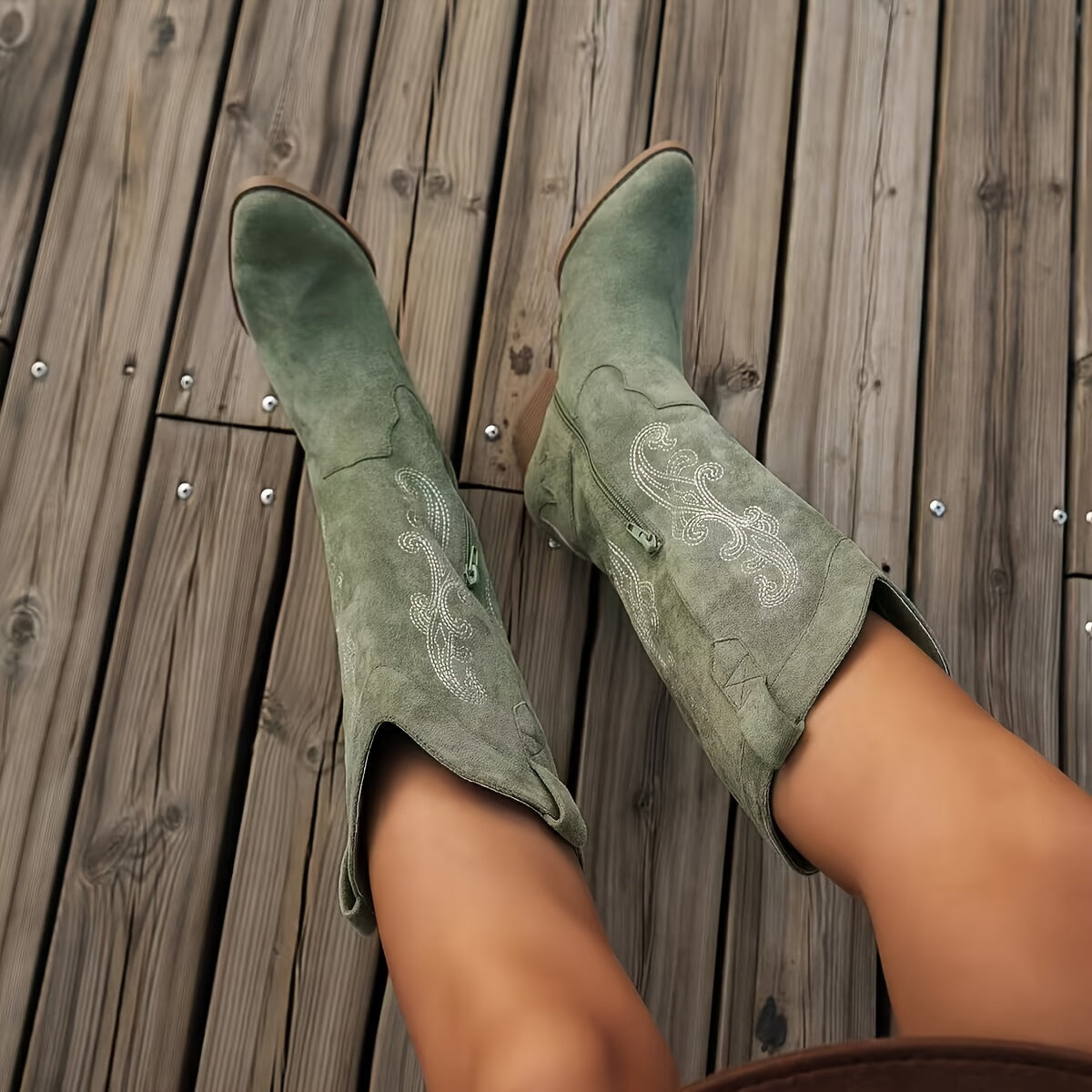 Women's Light Green Embroidered Cowboy Boots Pointed Toe Mid-Heel
