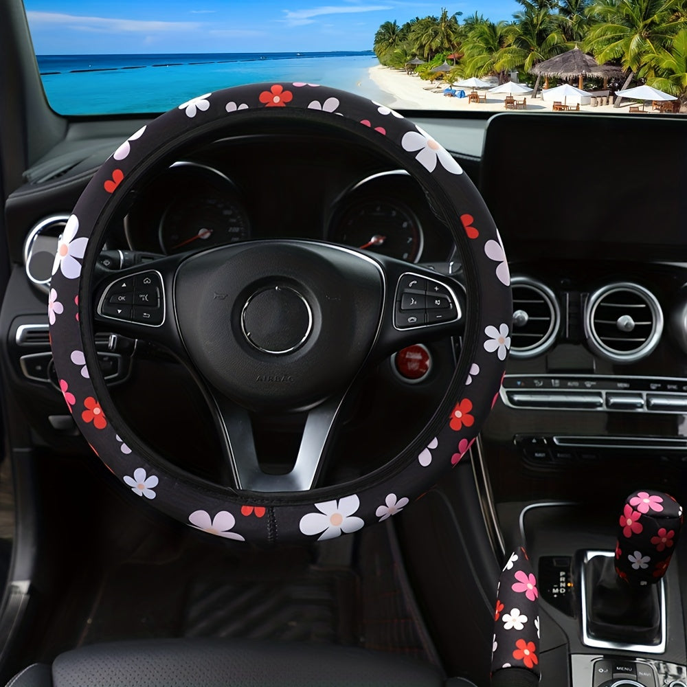 Ayollar uchun gul bilan bezatilgan avtomobil rul va uzatish vintlari qopqog'i to'plami, yumshoq nafas oladigan mato