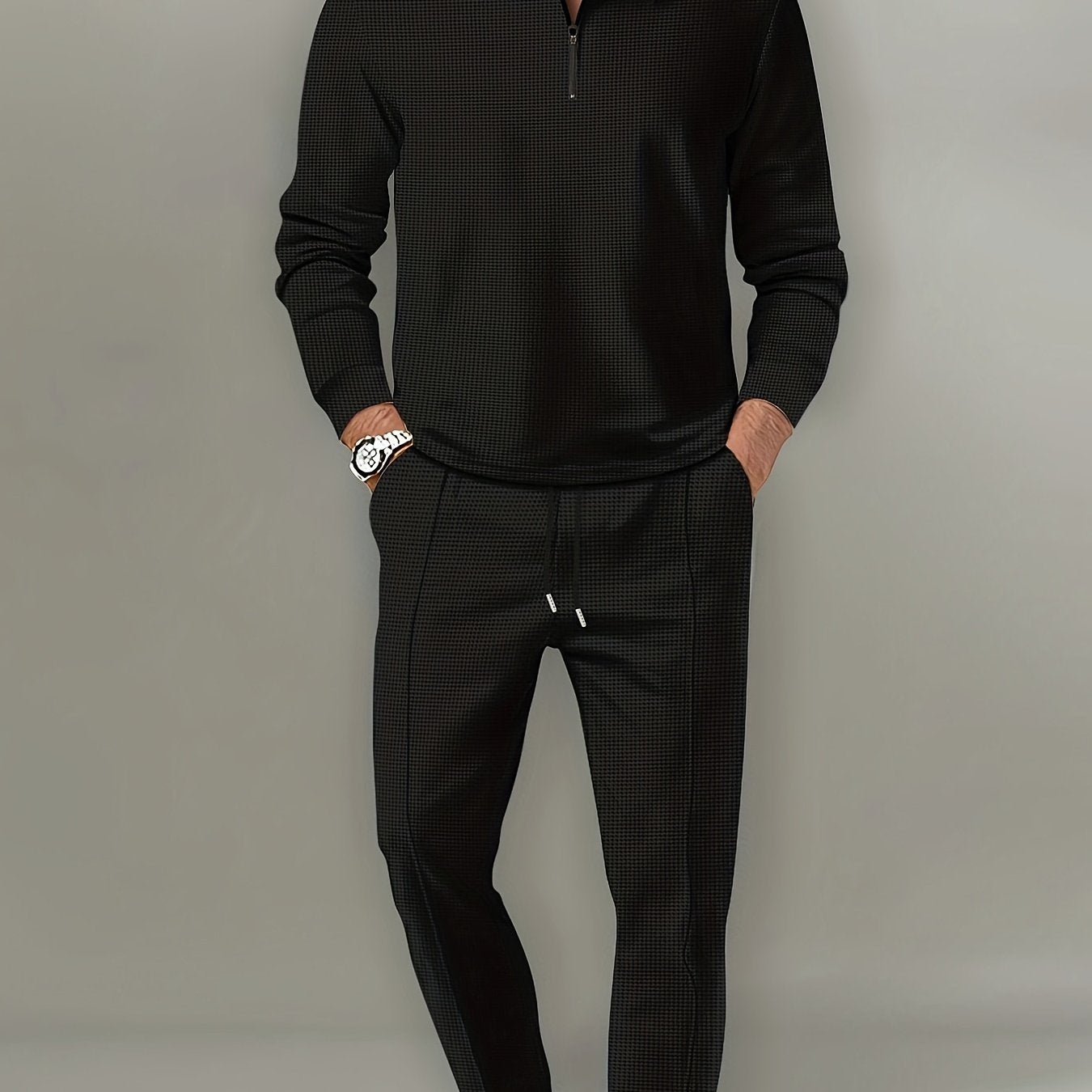 Men's Waffle Pattern Outfit Set V Neck Shirt and Sweatpants for Spring Fall