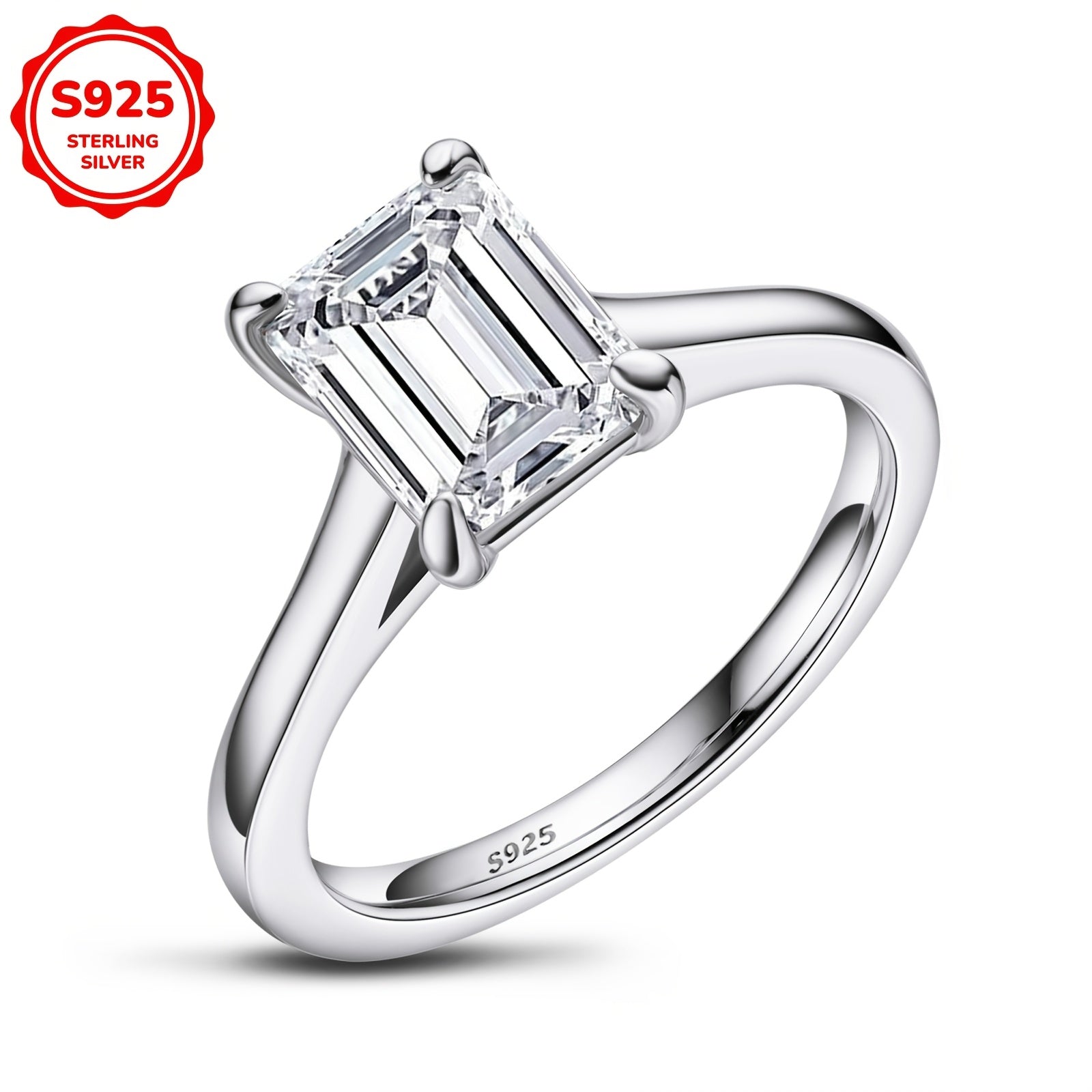 Sterling Silver Engagement Ring Cubic Zirconia Emerald Cut Wedding Jewelry