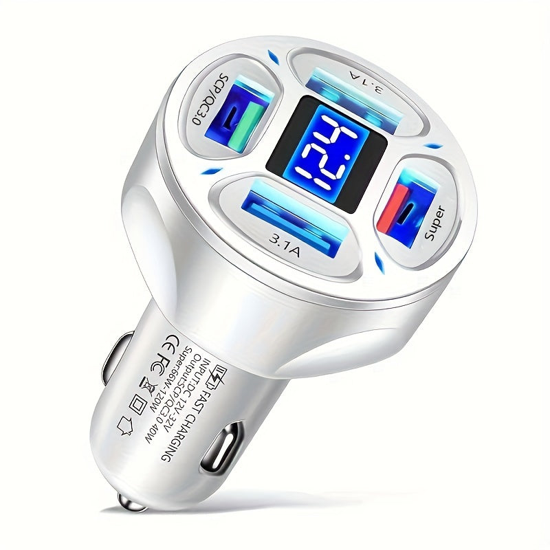 Car Charger Fast Charging 4 USB Digital Display 120W Phone Adapter
