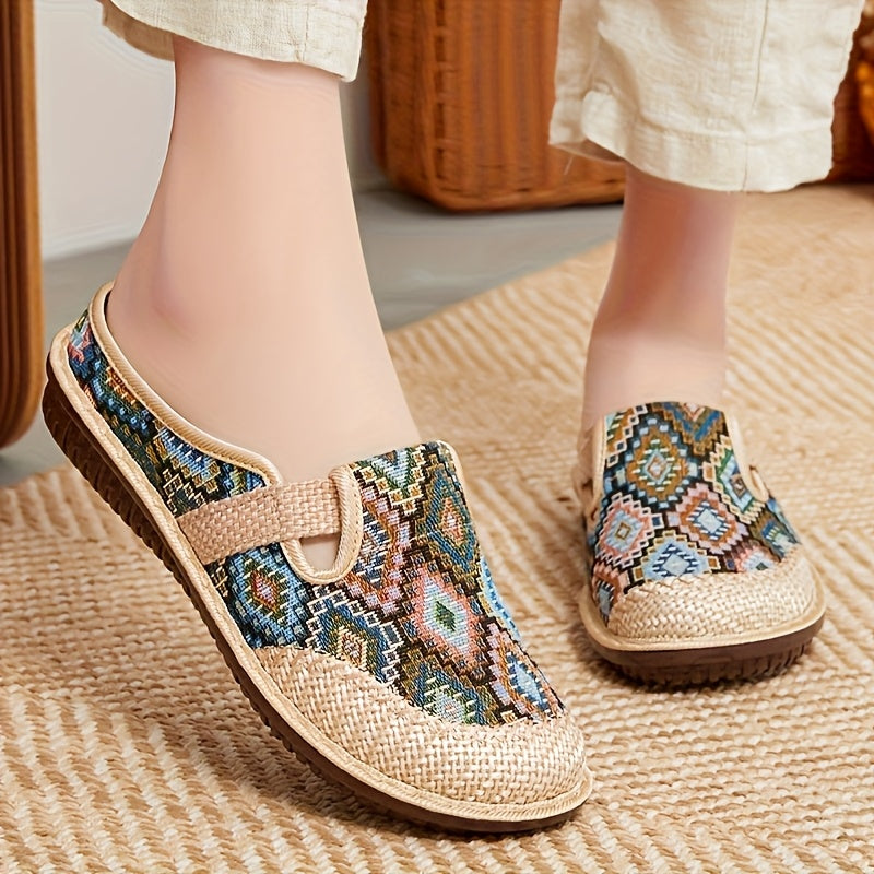 Women’s Bohemian Woven Fabric Slip-On Espadrilles Flats Beige for Beach Vacation