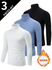 Men's Thermal Turtleneck Shirts Pack of 3 Solid Color Stretchy Fall Winter