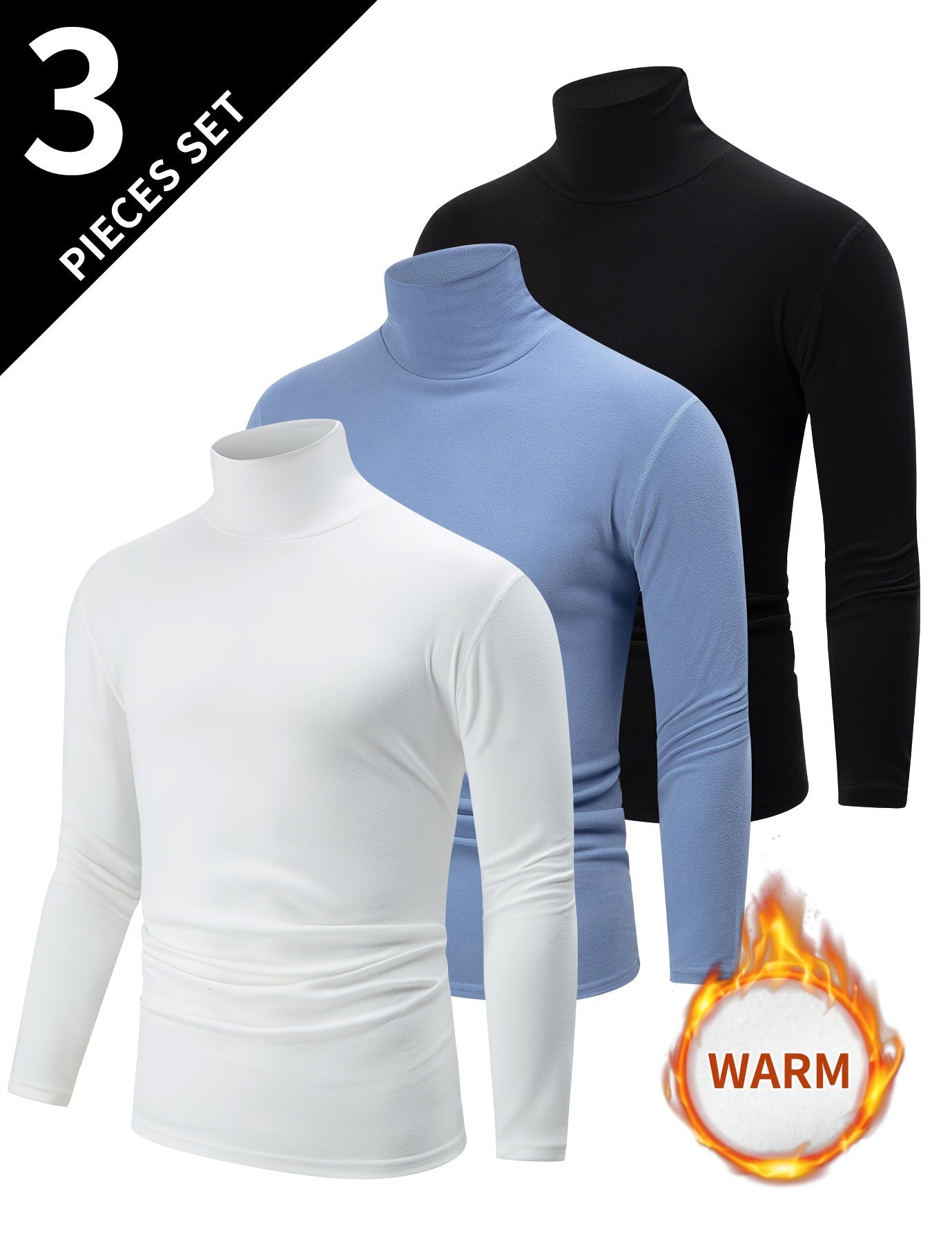 Men's Thermal Turtleneck Shirts Pack of 3 Solid Color Stretchy Fall Winter