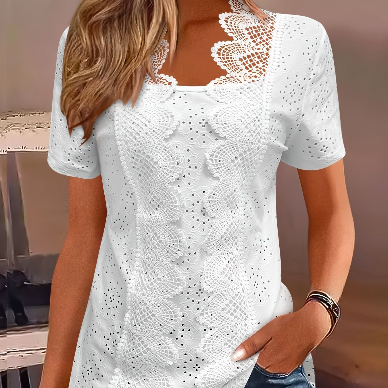 Blusa de manga corta de encaje blanco para mujer talla grande, casual, verano, transpirable, poliéster