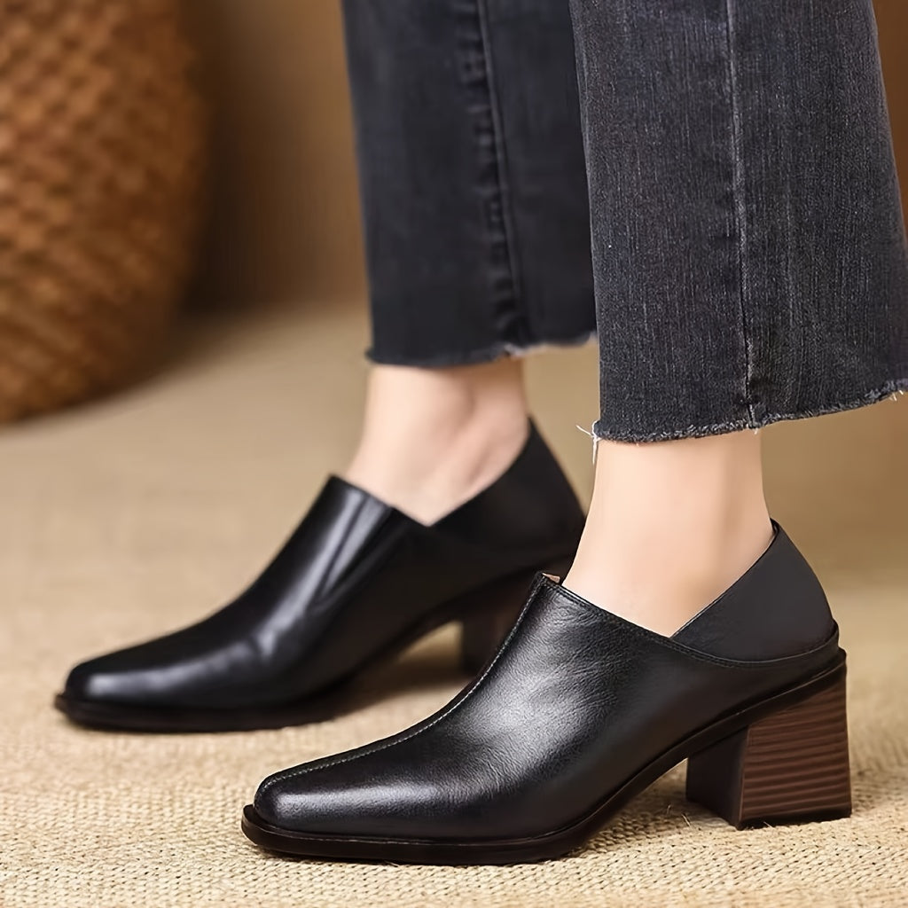 Women’s Vintage-Inspired Black Chunky Heel Loafers with Square Toe