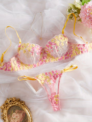 Women's Lace Satin Lingerie Set with Adjustable Straps and Floral Design