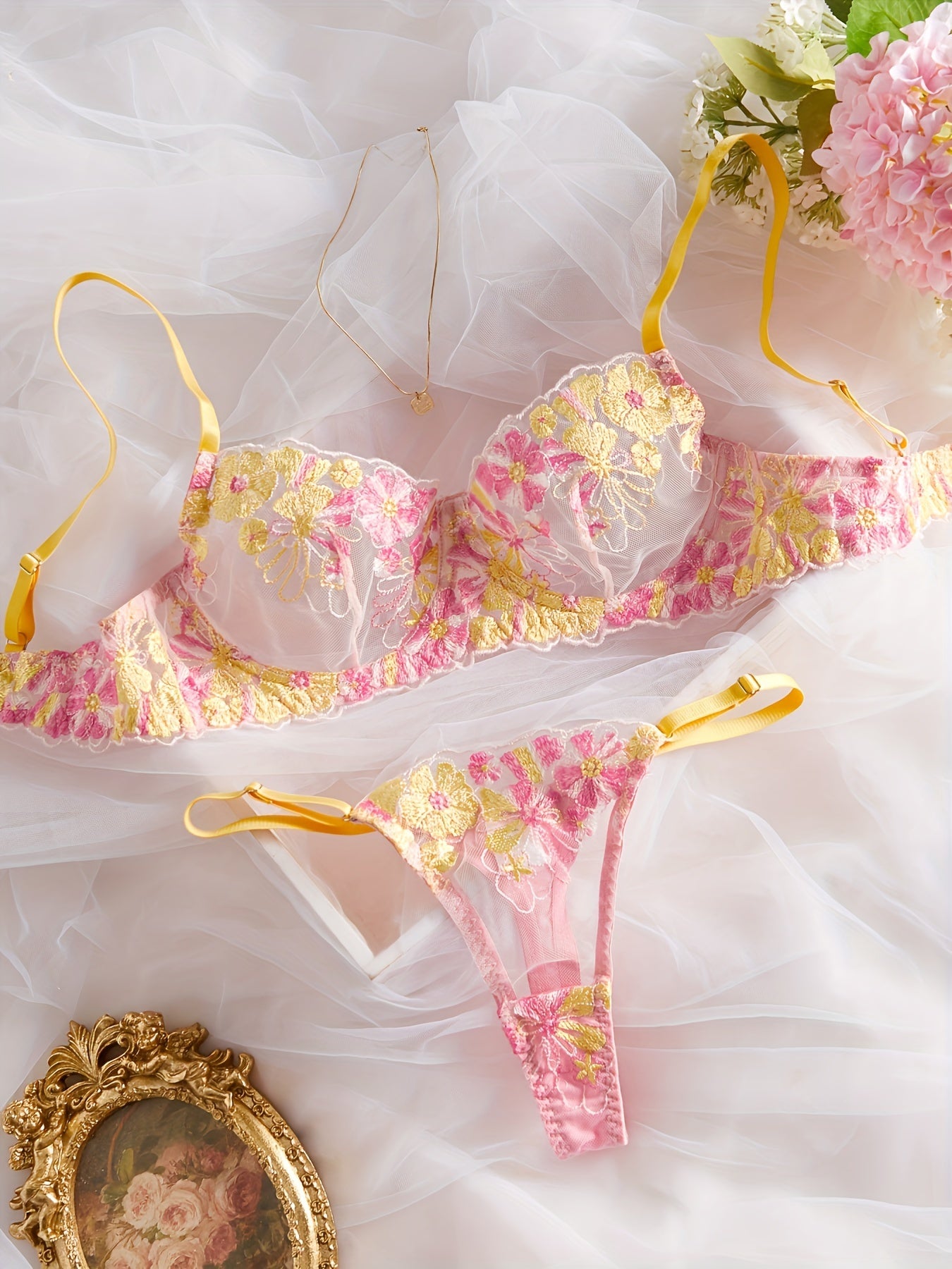 Women's Lace Satin Lingerie Set with Adjustable Straps and Floral Design