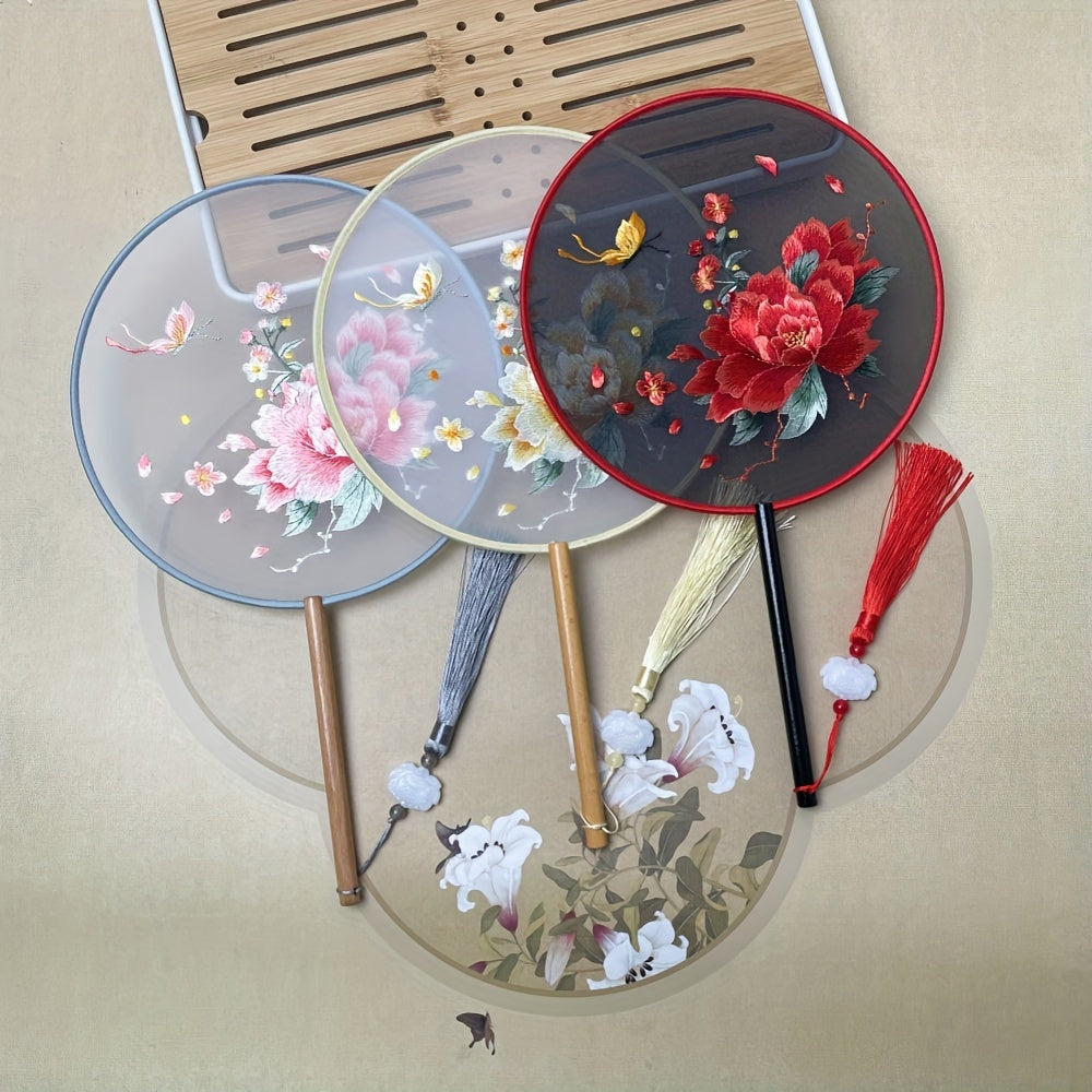 Silk Embroidered Fan with Tassel Flower for Home Travel School Office
