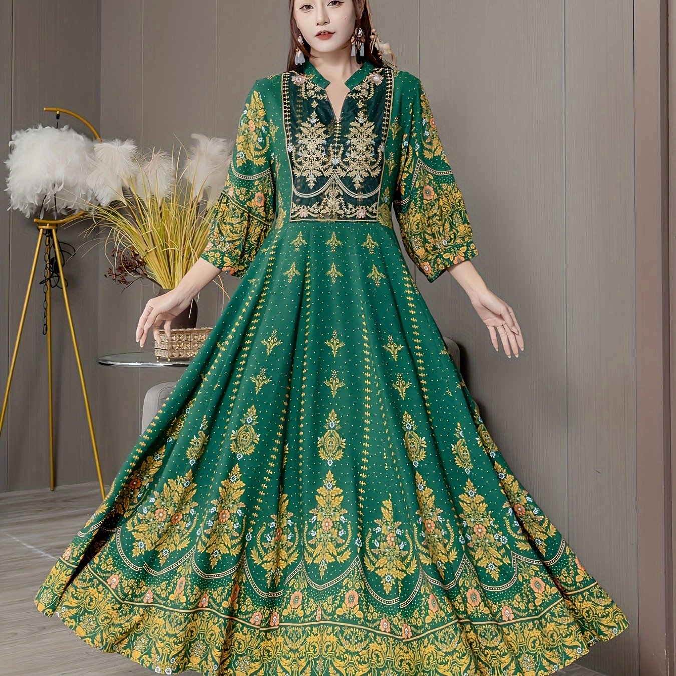 Women's Ethnic Floral Print Maxi Dress with V Neck, 3/4 Sleeves, Woven Polyester for Vacation