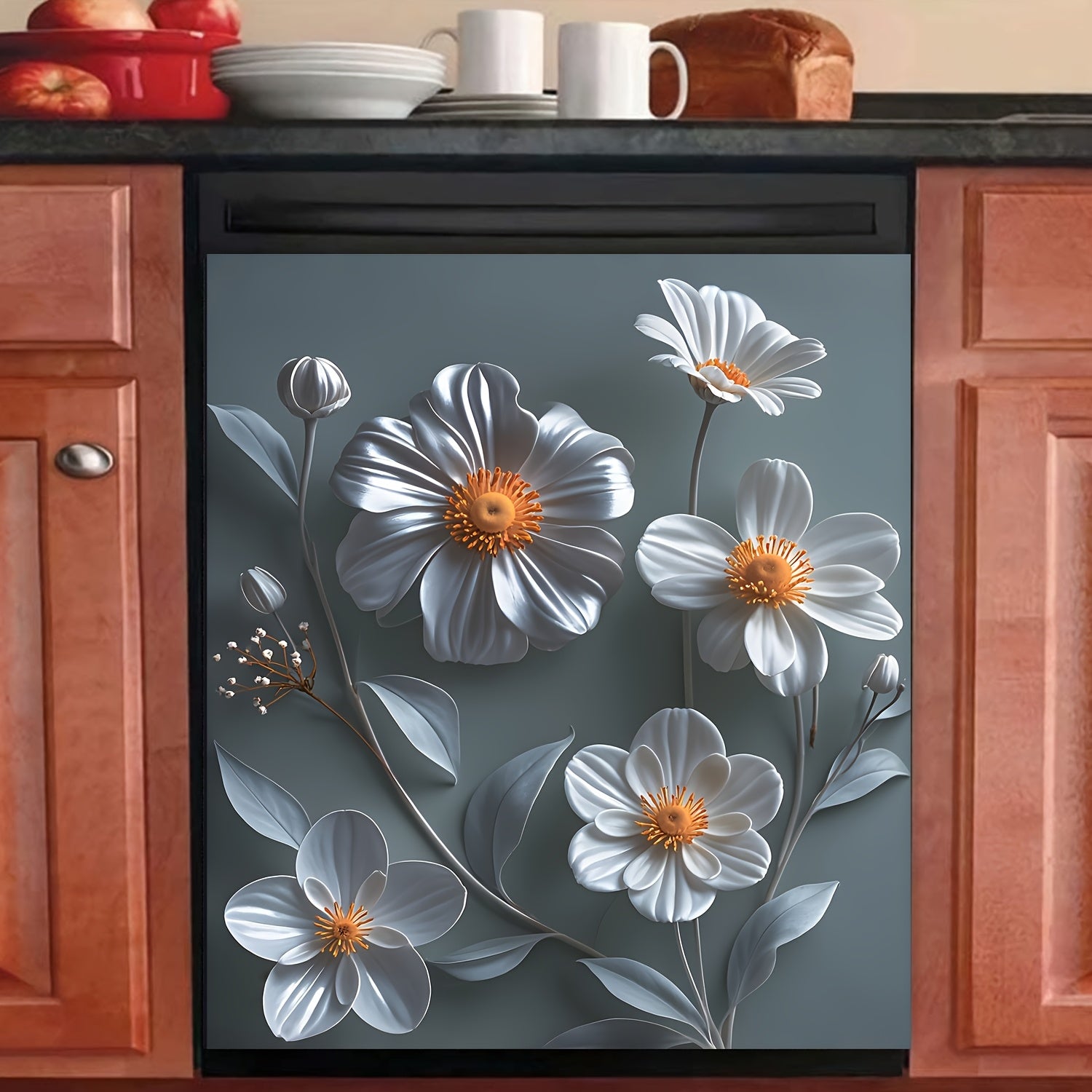 Magnetic Dishwasher Cover Reusable PVC Floral Sticker for Fridge Cabinet White Gray Daisy