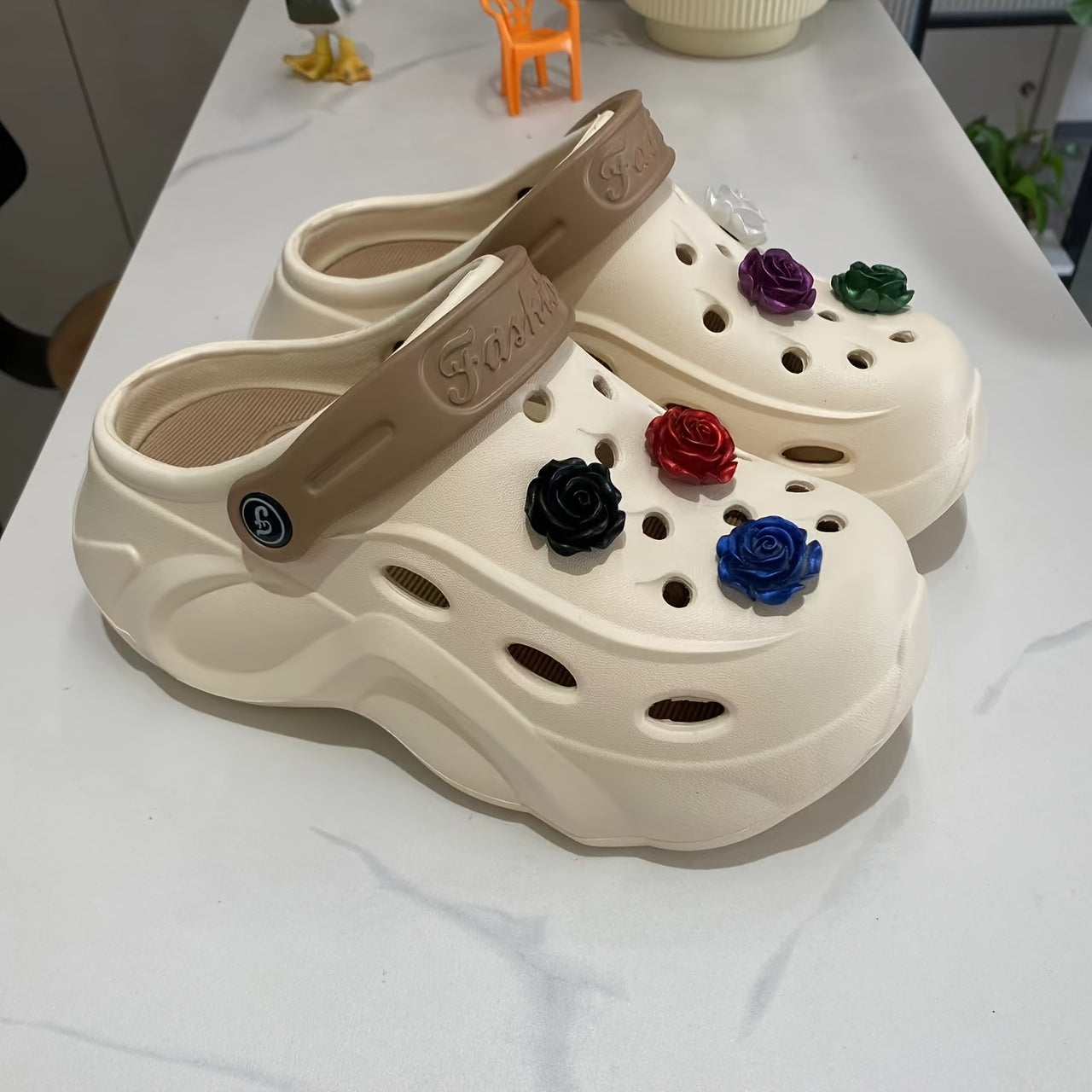 Women's Breathable EVA Clogs with 3D Rose Design, Platform Heel, Indoor Outdoor