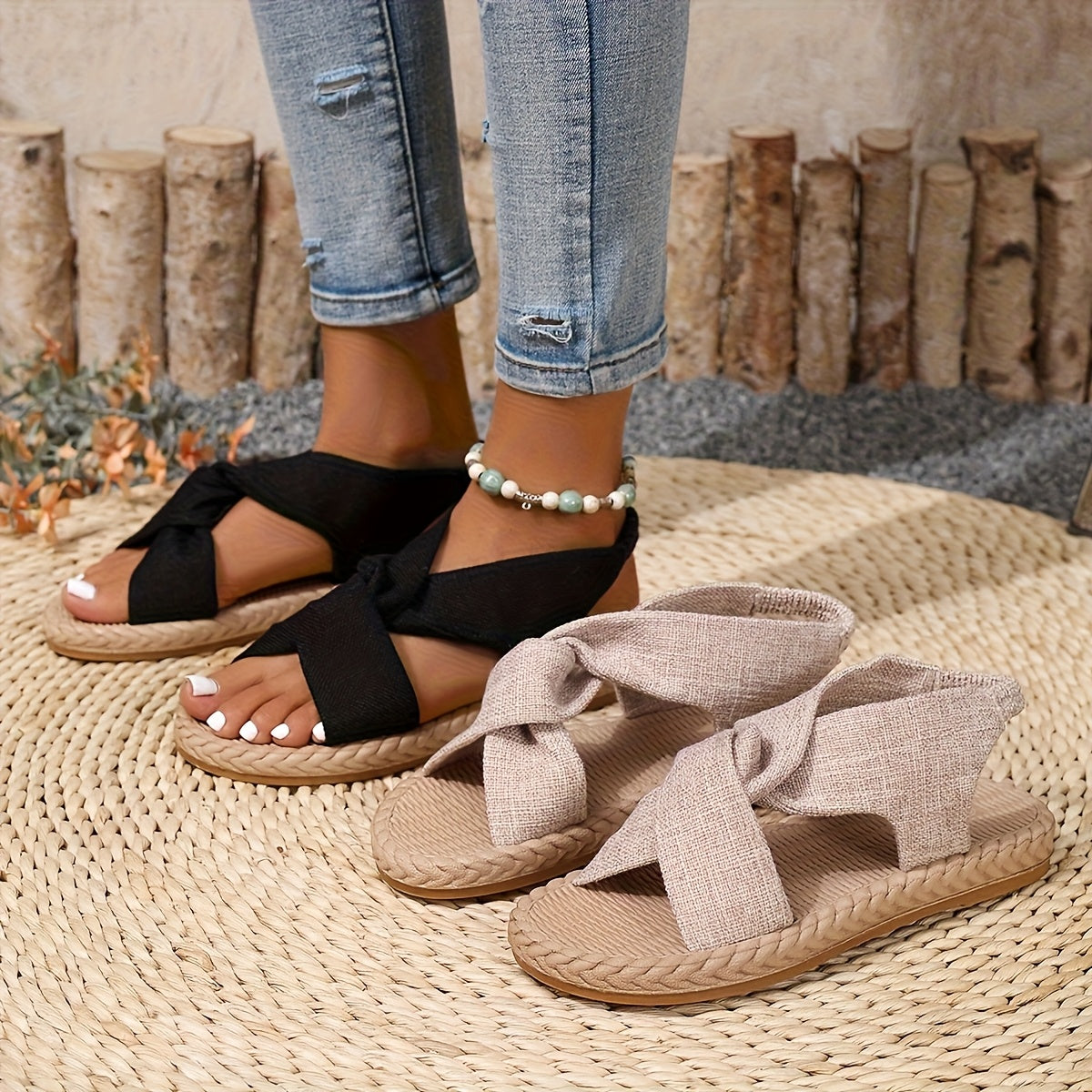 Women’s Flat Sandals Breathable Fabric Strappy Casual Beach Shoes