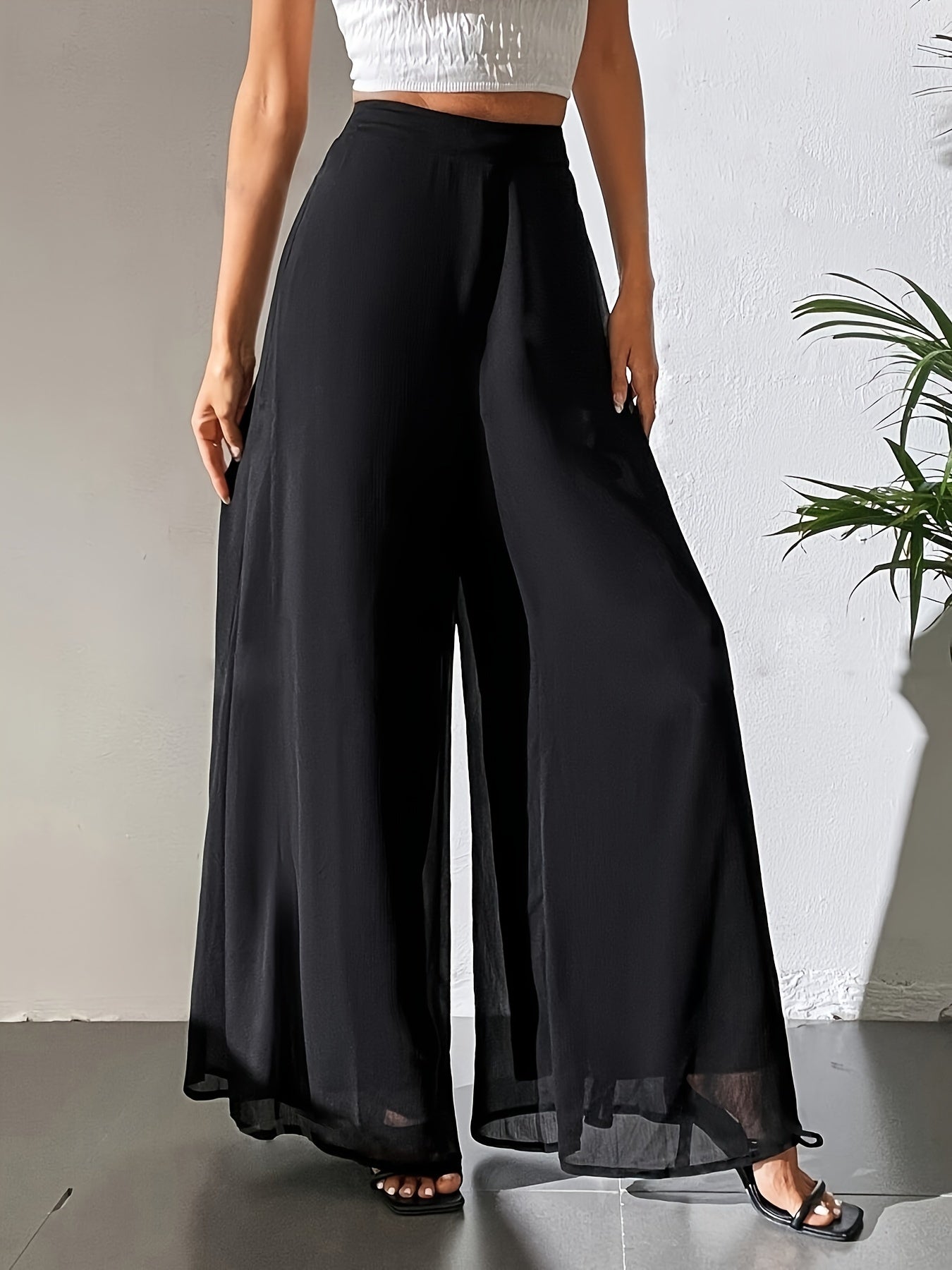Pantalones anchos negros para mujer con cintura alta, poliéster y spandex, tela fluida