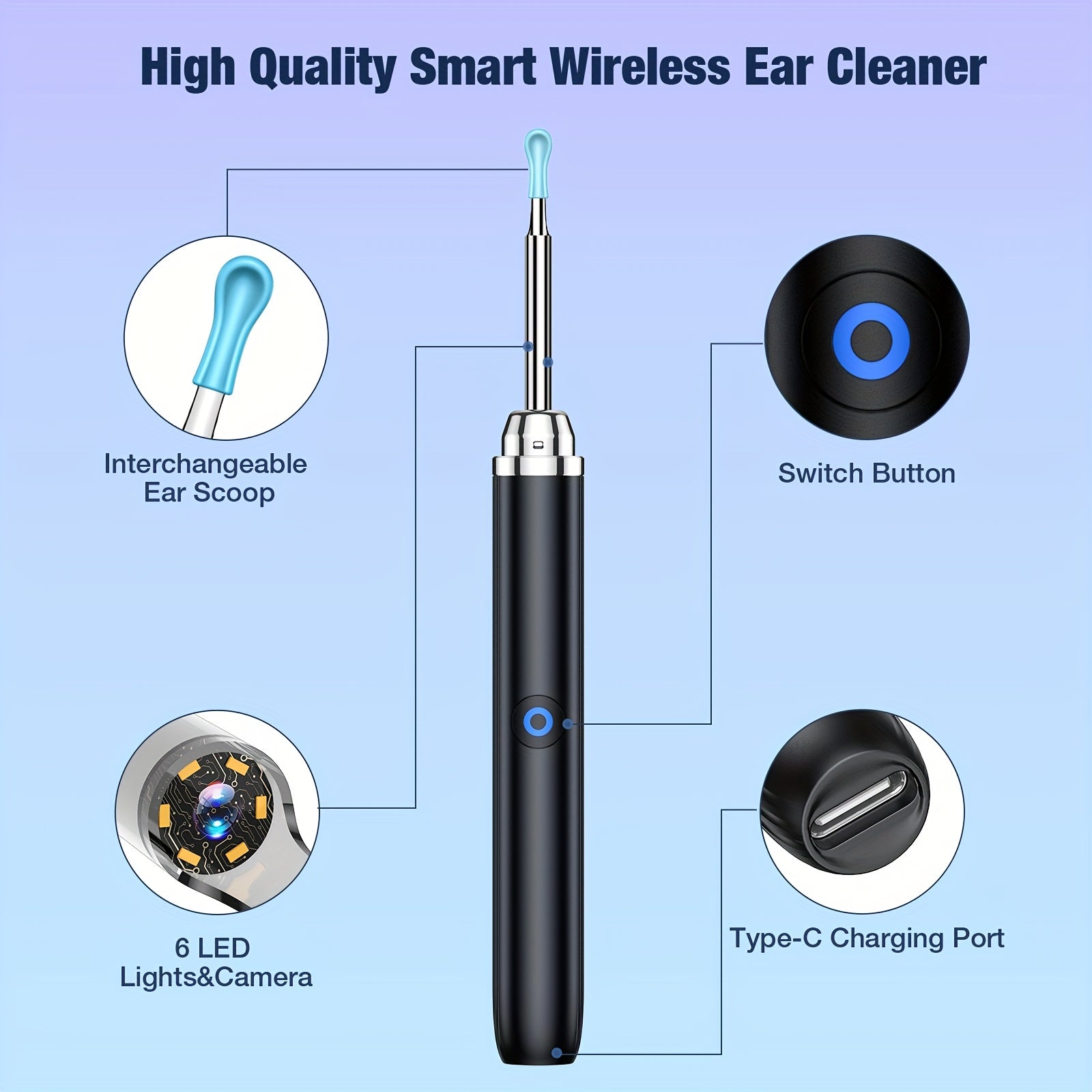 Rechargeable Ear Wax Removal Tool with Camera USB Charging Nozzle Tips and Cleaning Solution