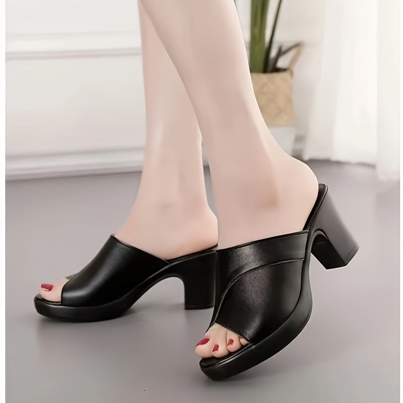 Women's Open-Toe Chunky Mid-Heel Sandals Black PVC Slip-On Casual Formal