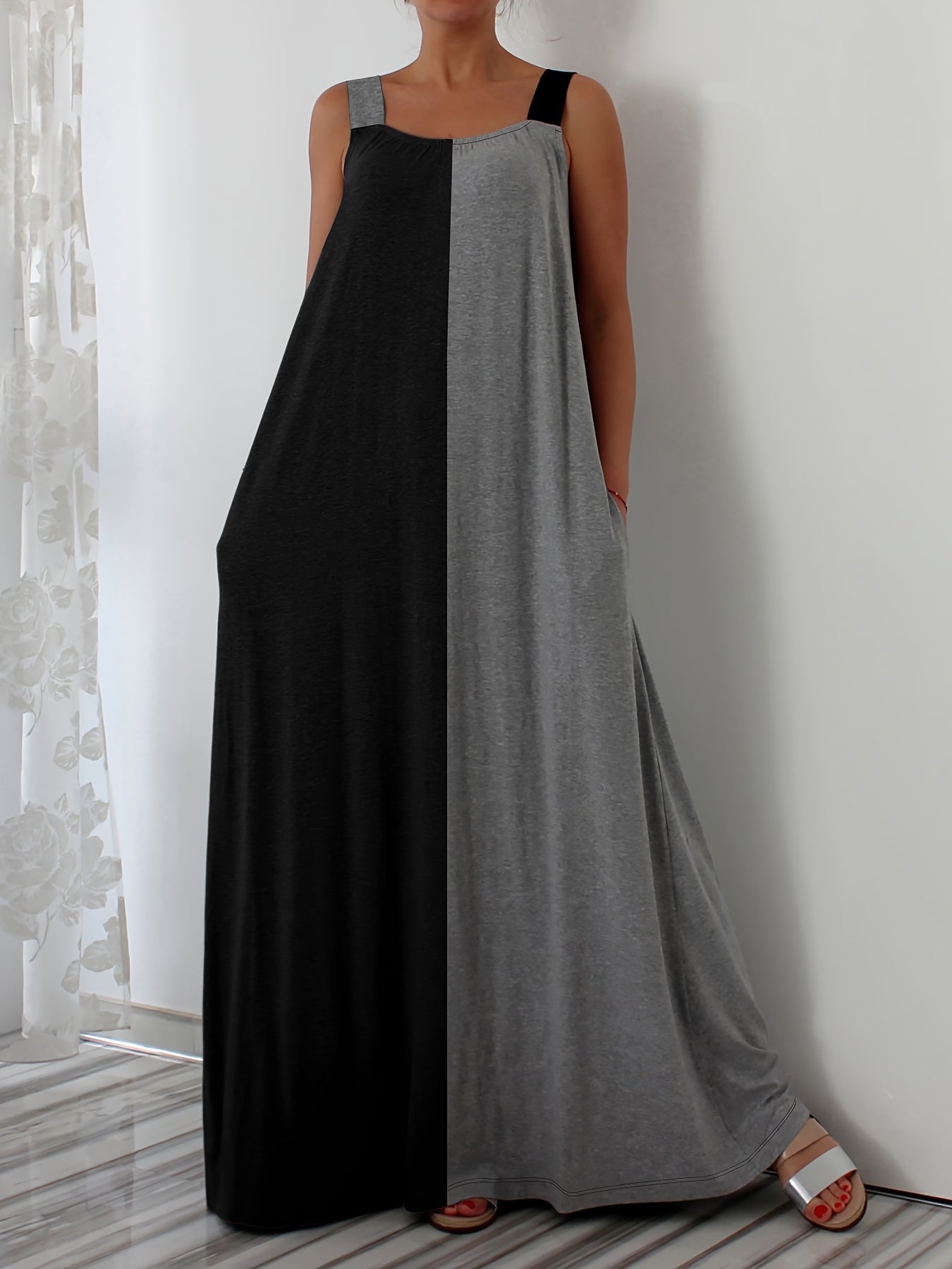 Платье-майка с цветными блоками и открытой спиной для полных, весна-лето, повседневное, без рукавов, длинное