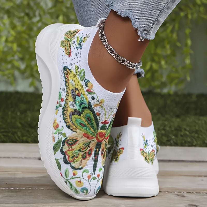 Plus-Size Women's Butterfly Slip-On Sneakers Lightweight Breathable Rhinestone